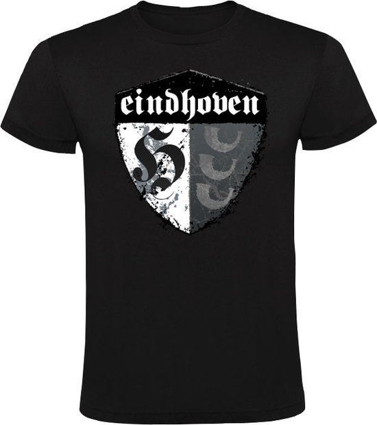 T-shirt noir à manches courtes avec un blason blanc et noir imprimé, avec 'eindhoven' et 'S'.