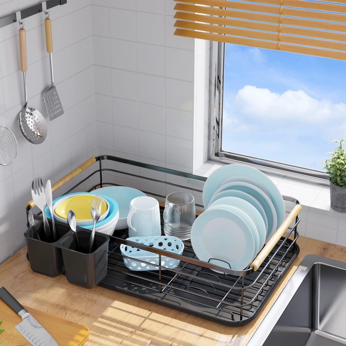 Goedkoopste Afdruiprek met uitneembare afdruipbak en externe bestekhouder, houten handvat keukenhulp