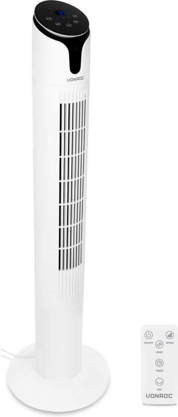 VONROC luxe torenventilator 110 cm wit met afstandsbediening, 3 snelheden, zwenkfunctie en 15-uurs timer