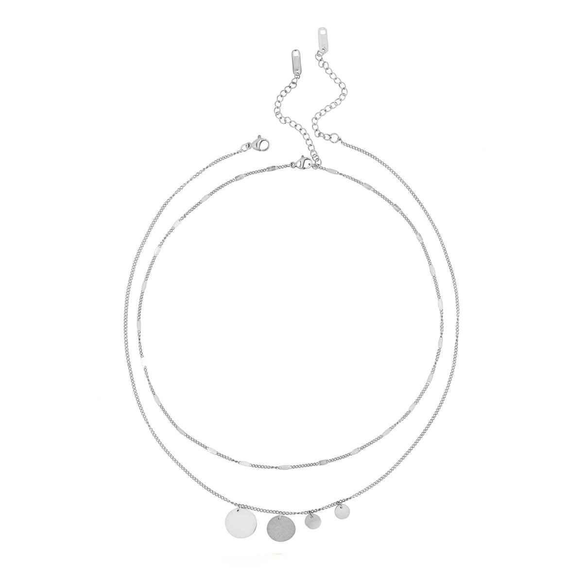 Chic by Lirette Dubbele Stalen Ketting - Layer - RVS - Muntjes - Zilver - 35+5 / 39+5 cm inc. Sieradenzakje