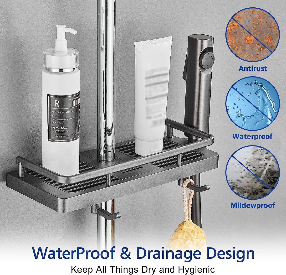 Estante De Ducha Sin Perforaciones Para Barra De Ducha - Organizador De Bano Para Champu Compatible Con Rieles De 19 Mm A 25 Mm 97062404