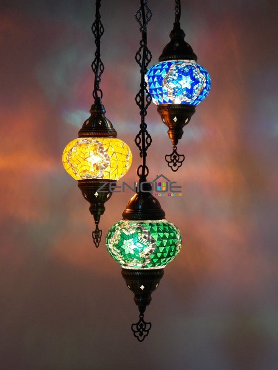 Turkse Lamp - Oosters Lamp - ZENIQUE - Authentiek - Handgemaakt - Kroonluchter - All colours- 3 bollen