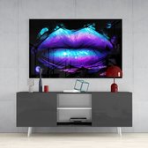 Glasschilderijen Vrouwelijk - Lippen - Paars - Zwart - Wanddecoratie - 110x70 cm