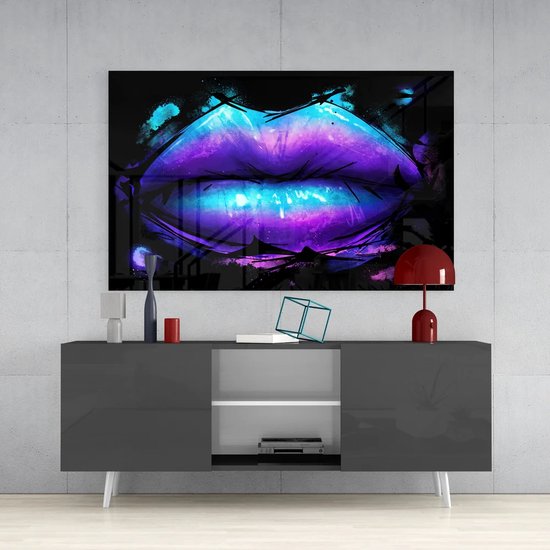 Glasschilderijen Vrouwelijk - Lippen - Paars - Zwart - Wanddecoratie - 110x70 cm