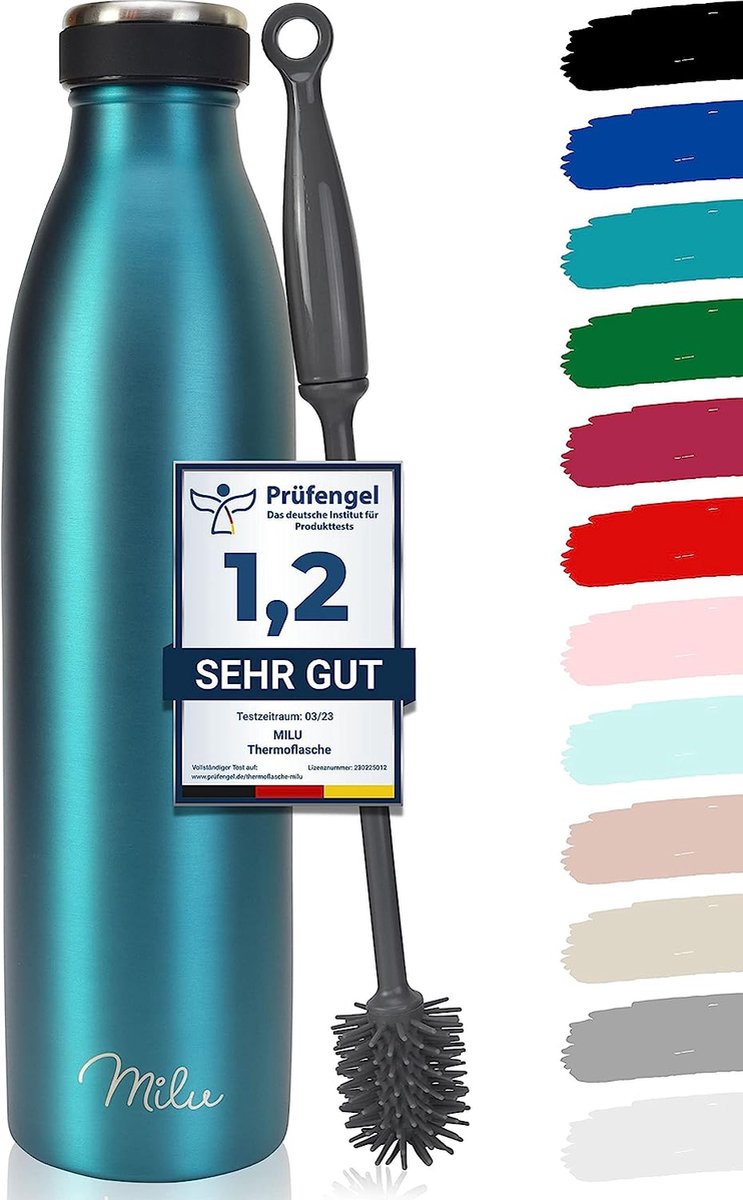 Roestvrijstalen drinkfles, 350 ml, 500 ml, 750 ml, 1 liter, 1.5 l thermosfles, schuine waterfles, lekvrije thermosfles, dubbelwandig, geschikt voor koolzuurhoudende dranken + reinigingsborstel (groot, 1,5 l)