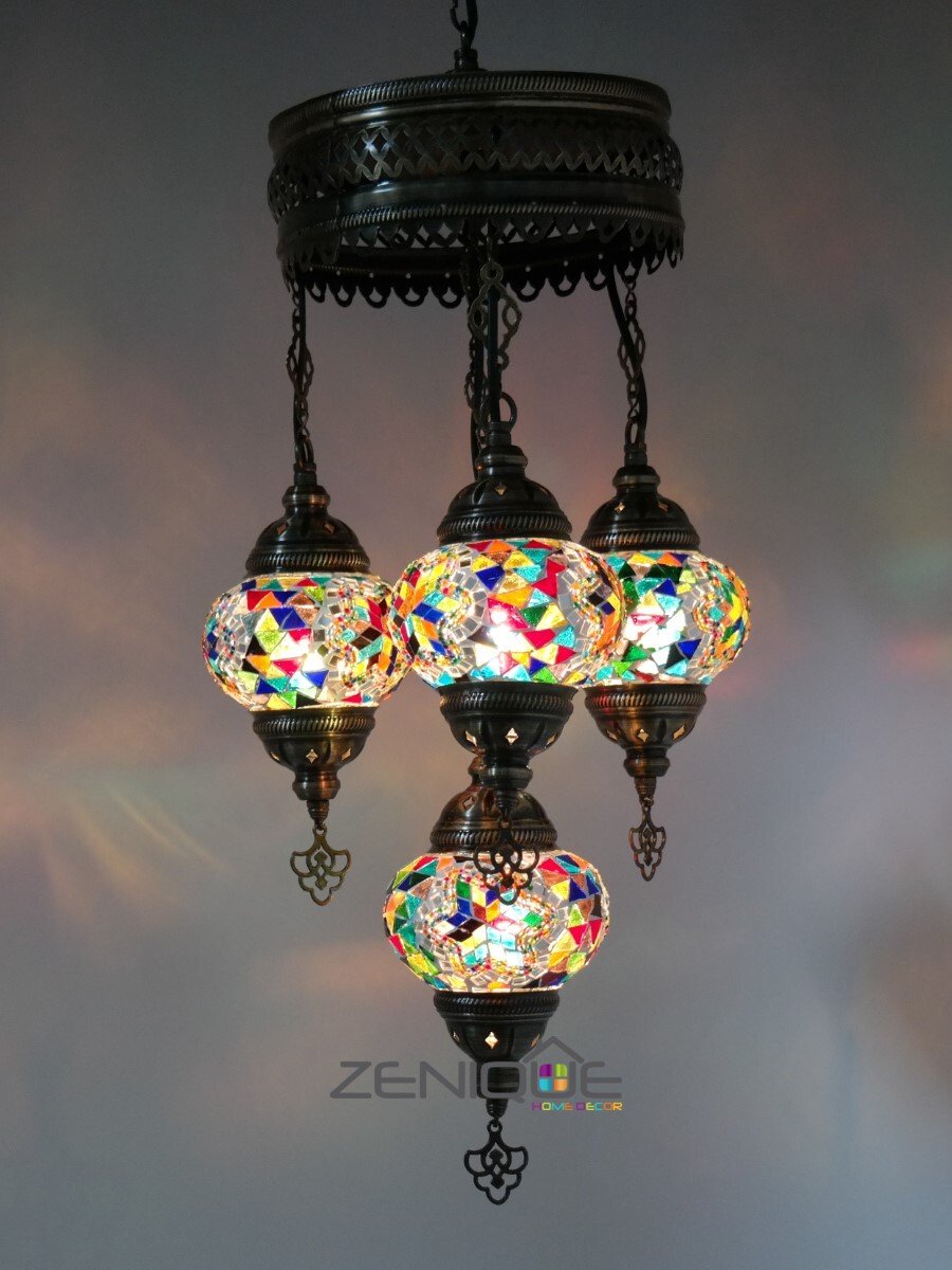 Turkse Lamp - Hanglamp - Mozaïek Lamp - Marokkaanse Lamp - Oosters Lamp - ZENIQUE - Authentiek - Handgemaakt - Kroonluchter - Multicolour Mix - 4 bollen