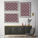 Salon moderne avec un buffet et un fauteuil, deux œuvres d'art encadrées présentant un motif de carreaux violet lilas sont accrochées au mur.