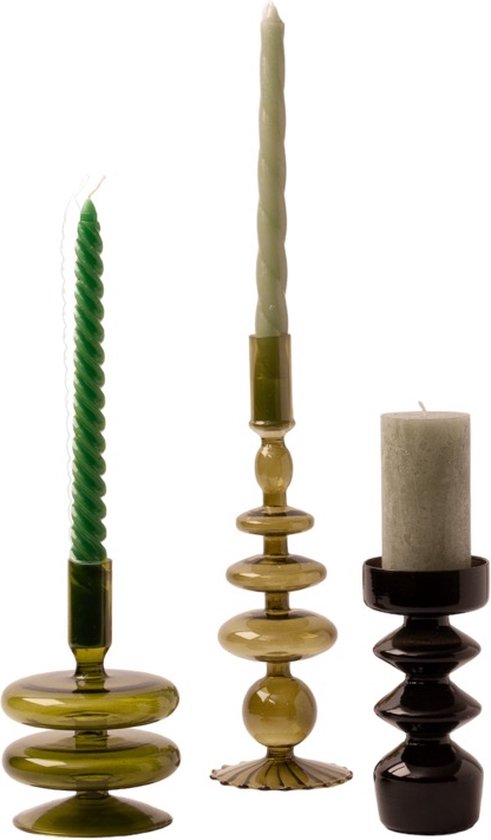 WinQ - Bougeoirs en verre coloré dans une combinaison vert/ Zwart . Bougeoir en verre - Set composé de 3 pièces - Décoration salon - convient aux Bougies chandelles et aux Bougies cylindriques