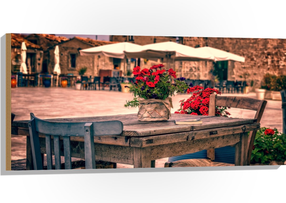 Hout - Tafel - Pleintje - Bloemen - Stoelen - Parasol - Kleuren - 100x50 cm - 9 mm dik - F
