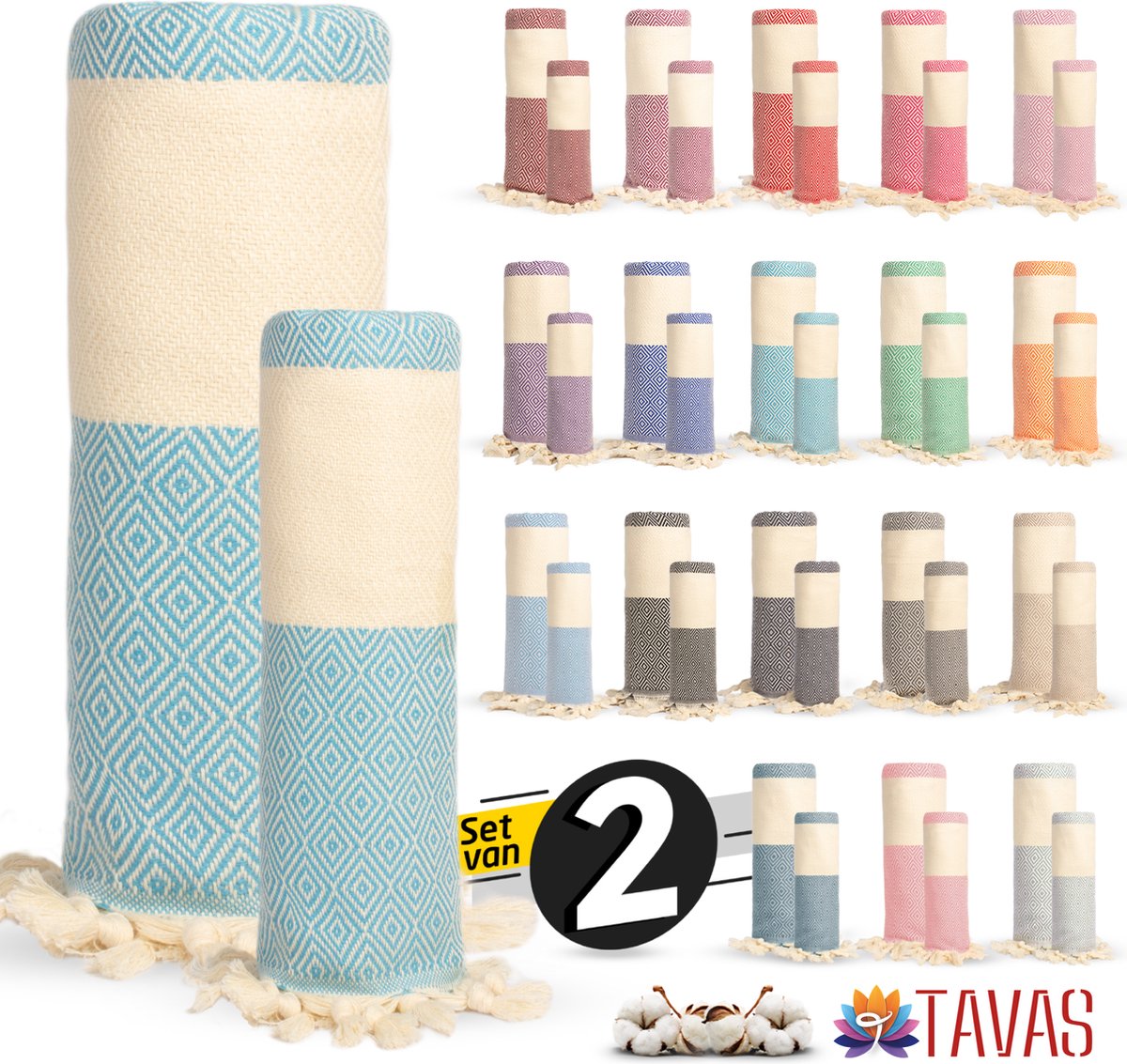 Rome Set van 2 | Hamamdoek 100x180 cm en Handdoek 50x90 cm 100% Katoen Spa Backpack Sauna Strandlaken Turkoois