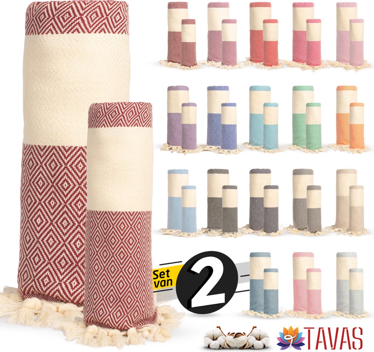 Rome Set van 2 | Hamamdoek 100x180 cm en Handdoek 50x90 cm 100% Katoen Spa Backpack Sauna Strandlaken Bordeaux