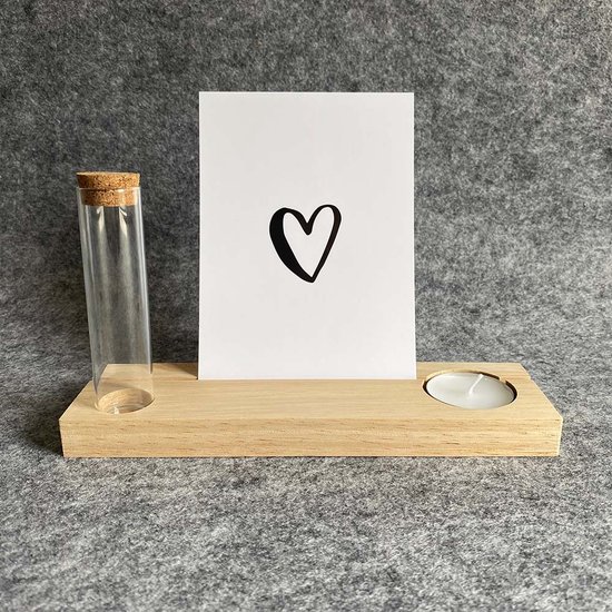 Kaarthouder | Gedenkplankje [21 cm] van hout met glazen buisje en waxinelichtje + Kaart 'Hart' inclusief envelop