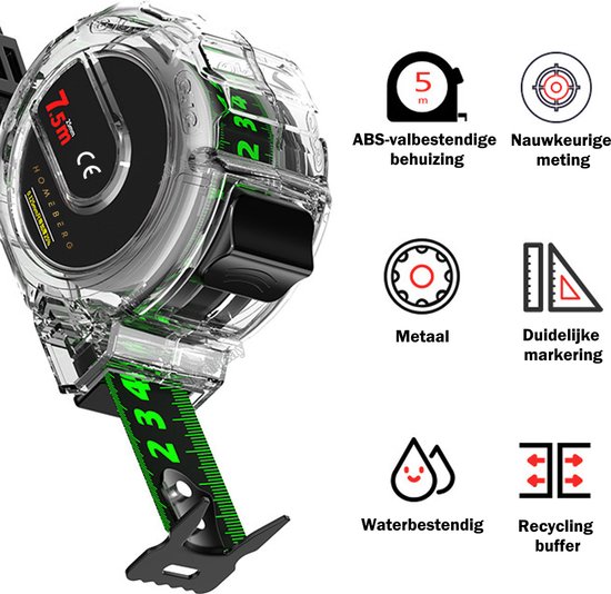 HomeBerg Fluorescerend Rolmaat - Dubbelzijdig Lint - Verdikte Meetlint - Waterdicht - Roestvrijstaal Lint - RVS - 7.5M Meetlint cadeau geven HomeBerg Fluorescerend Rolmaat - Dubbelzijdig Lint - Verdikte Meetlint - Waterdicht - Roestvrijstaal Lint - RVS - 7.5M Meetlint cadeau geven
