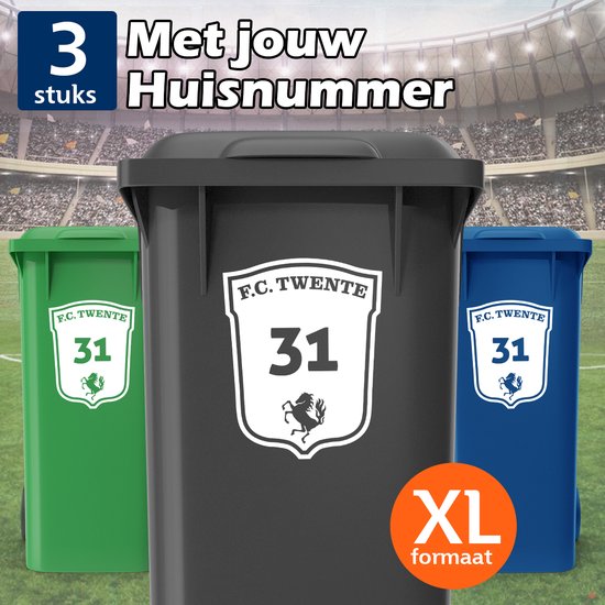 FC Twente Container Stickers XL - Voordeelset 3 stuks - Huisnummer - Voetbal Sticker voor Afvalcontainer / Kliko - Klikosticker