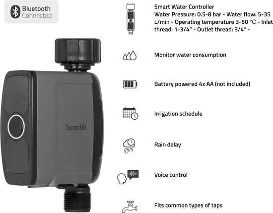 Hombli Water Controller - Slim Irrigatiesysteem, Smartphone Bediening, Timers, Scenario`s, Schema`s, Stembesturing, Bluetooth verbinding - Hombli