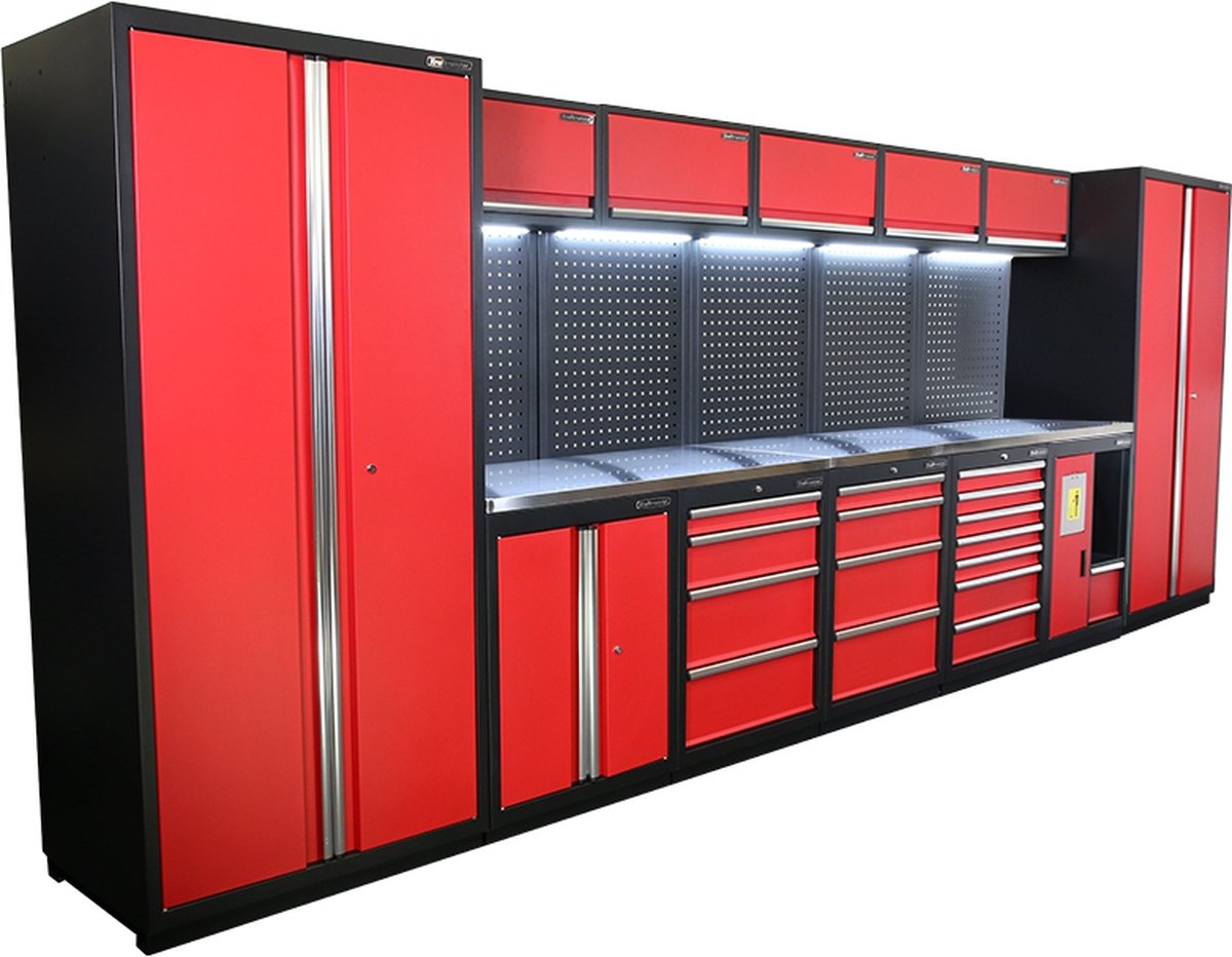 Kraftmeister werkplaatsinrichting - Werkbank met 5 wandkasten, 2 werkplaatskasten en RVS werkblad - Werktafel met 15 laden, 1 opbergkast, 1 prullenbak en gereedschapswand - Complete set voor werkplaats of garage - Rood