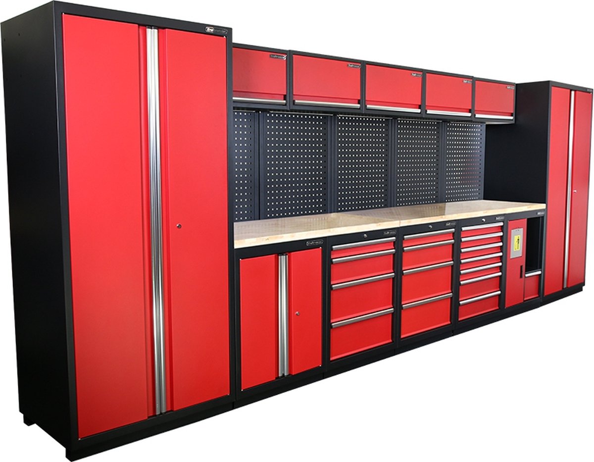 Kraftmeister werkplaatsinrichting - Werkbank met 5 wandkasten, 2 werkplaatskasten en eiken werkblad - Werktafel met 15 laden, 1 opbergkast, 1 prullenbak en gereedschapswand - Complete set voor werkplaats of garage - Rood