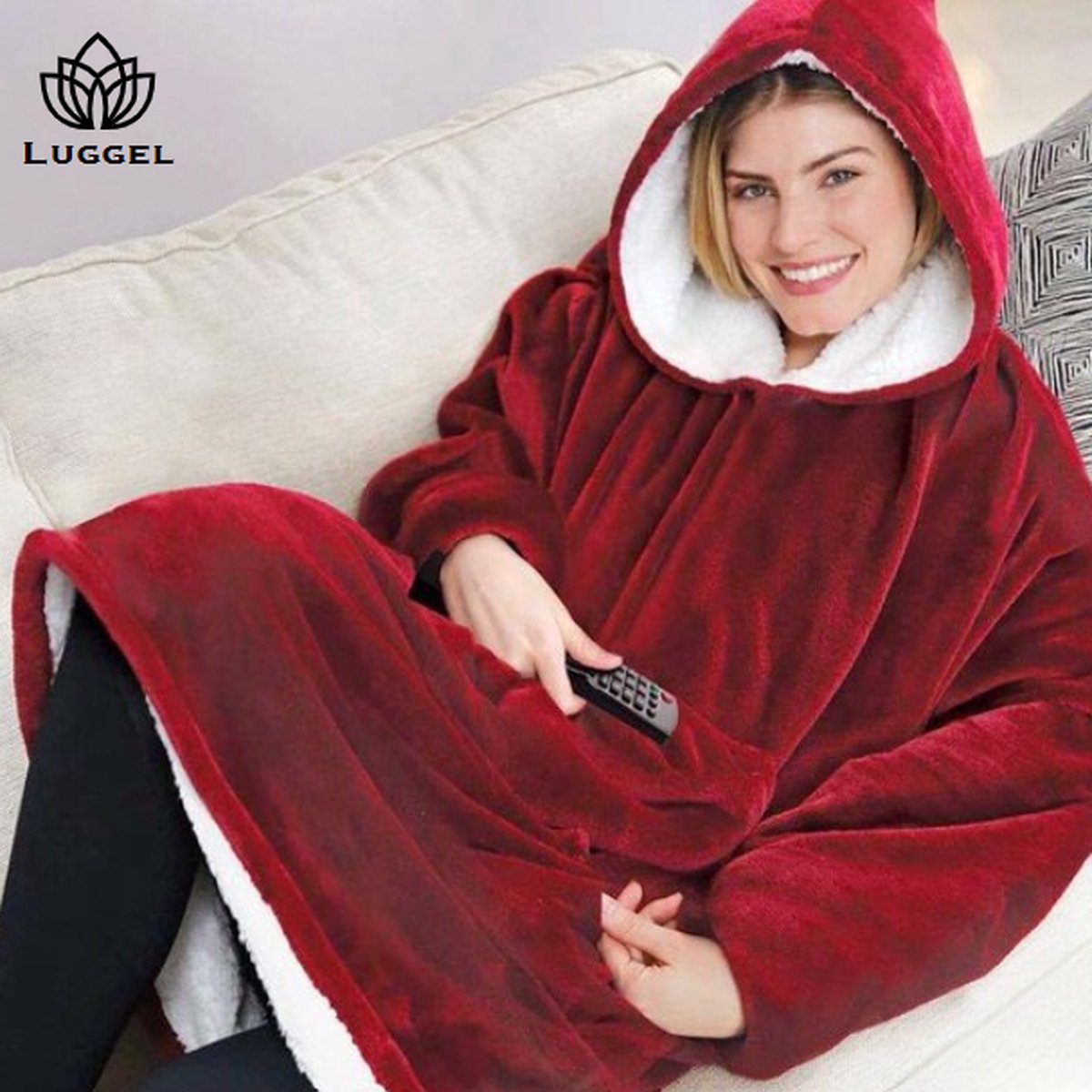 Hoodie Deken - Extra Groot - Hoodie - Deken - Bordeaux Rood - Cuddle hoodie - Voor vrouwen - Voor mannen - Sinterklaas - Kerst 2023 - Luggel