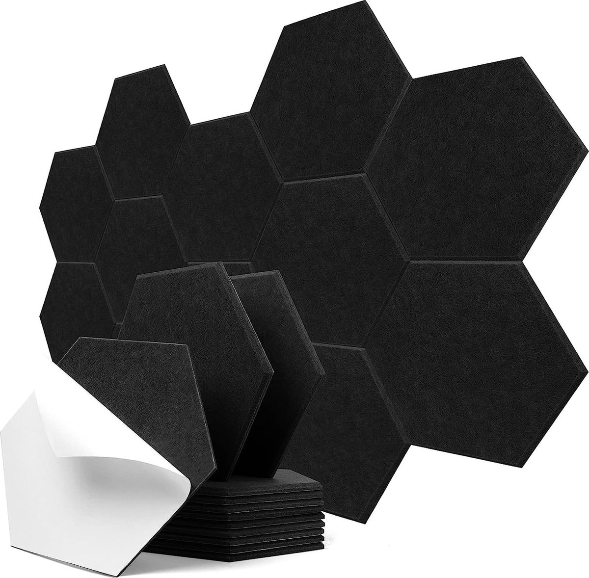 Hexagon Akoestische platen, zelfklevend, 12 stuks, geluidsabsorberende geluidsisolatie met hoge dichtheid, voor geluidsstudio, kantoor, studio en wanddecoratie, 30 x 26 x 0,9 cm, zwart