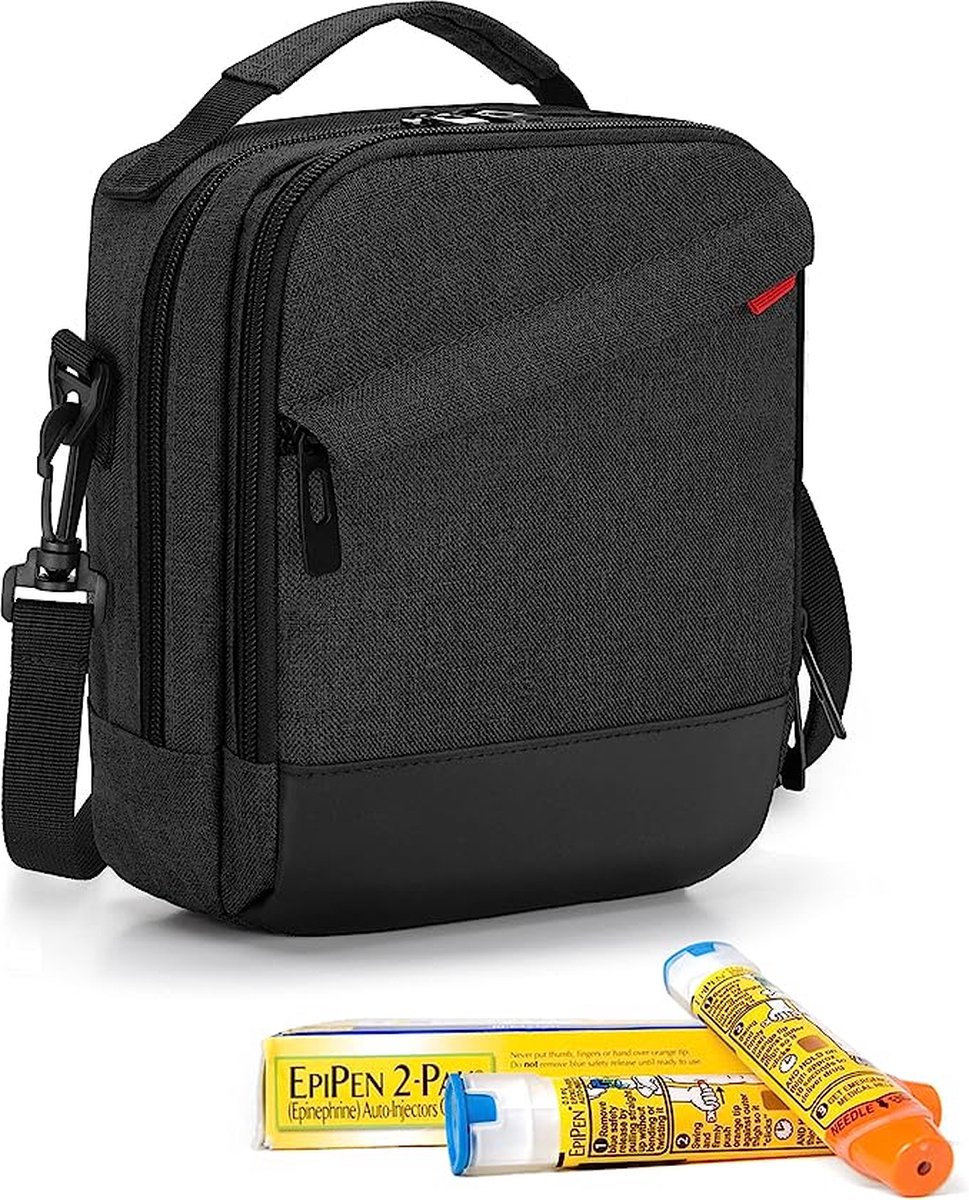 Epipen draagtas voor volwassenen en kinderen, geïsoleerde medicijnbenodigdheden organizer tas voor 2 spacers, auvi-Q, astma-inhalator en neusspray, zwart