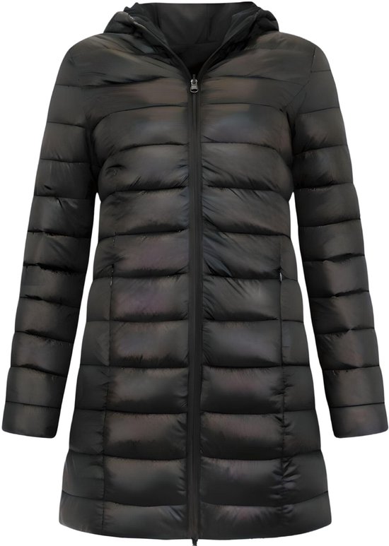 Puffer Jas Dames - Lange Winterjas Dames met Capuchon - Slim Fit - 2161 - Zwarte jas