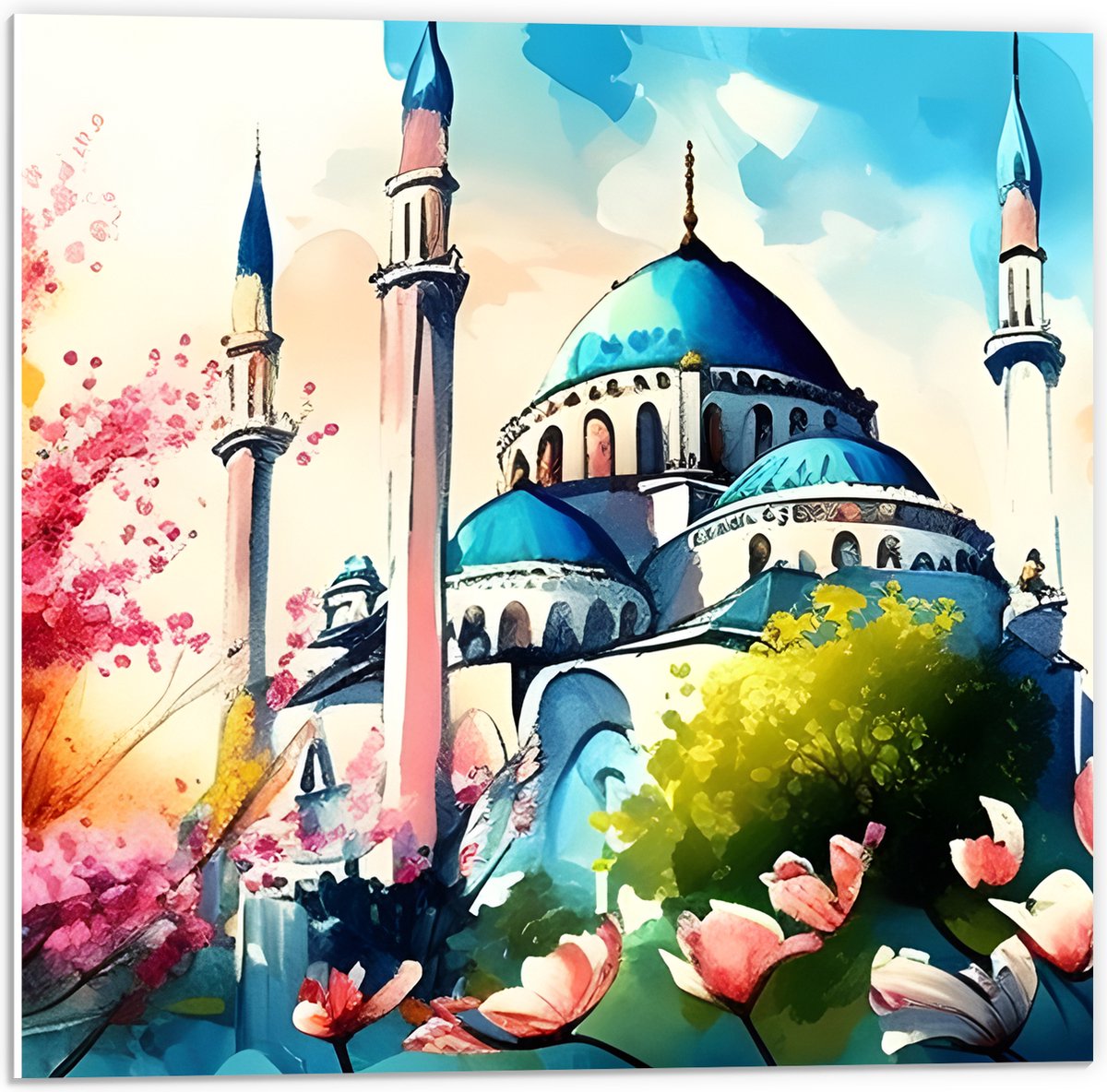 PVC Schuimplaat - Waterverf Tekening van Blauw met Witte Moskee - 50x50 cm Foto op PVC Schuimplaat (Met Ophangsysteem)