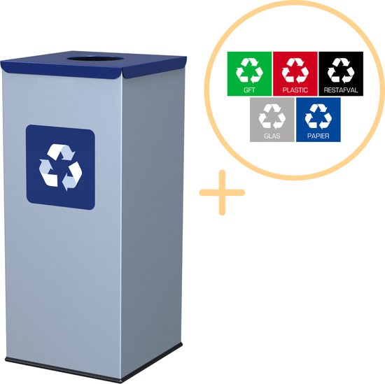 Alda Eco Square Bin, Prullenbak - 60L - Grijs/Blauw - Afvalscheiding Prullenbakken - Gemakkelijk Afval Scheiden – Recyclen - Afvalemmer - Vuilnisbak voor huishouden en kantoor - Afvalbakken - Inclusief 5-delige Stickerset