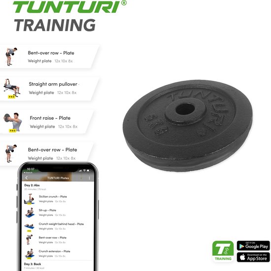 Tunturi Halterschijf - Halter gewichten - 1 x 5 kg - Ø 30 mm - Gietijzer - Incl. gratis fitness app - Tunturi