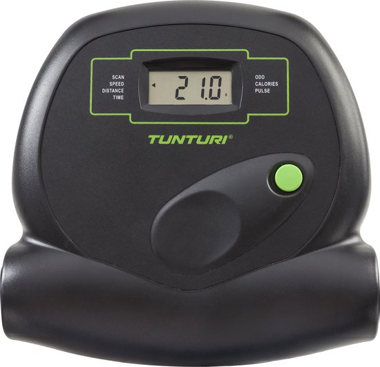 Close-up van het zwarte display van een hometrainer met 'Tunturi' logo.