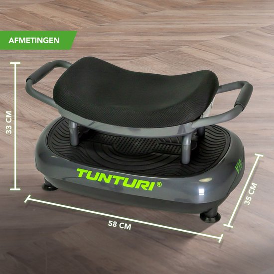 Tunturi V10 trilplaat met zitting, grijze handgrepen en afmetingen 58x35x33 cm.