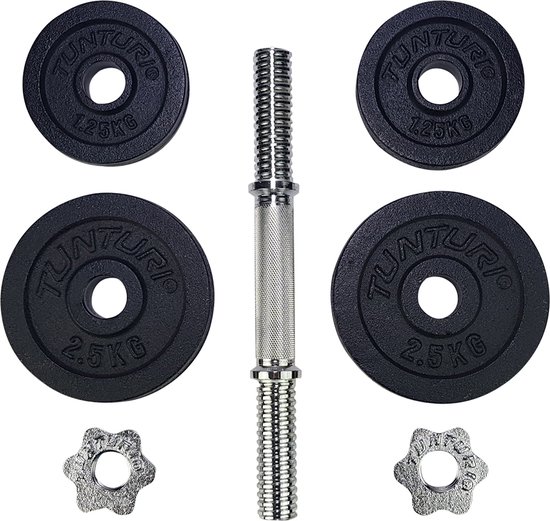 Zwarte gietijzeren halterplaten van 1,25kg en 2,5kg met een zilverkleurige halterstang en sterbouten.