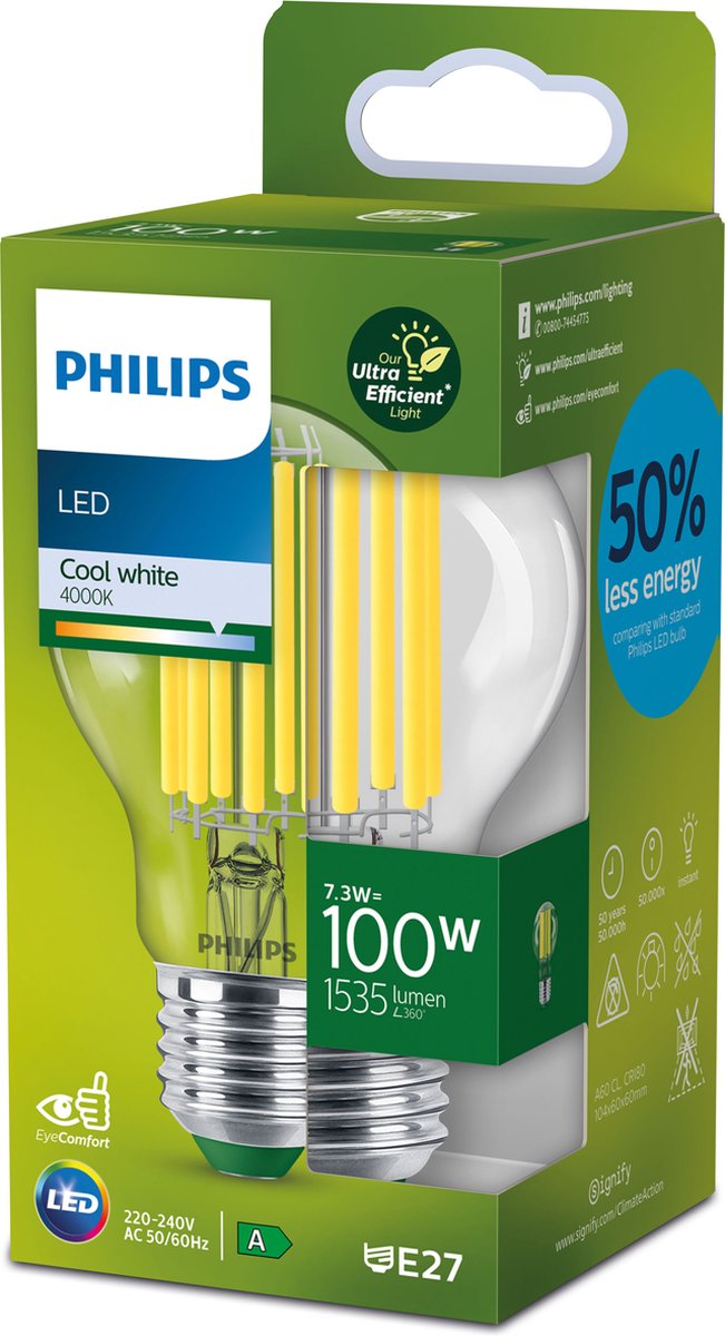 Philips pack de 3 ampoules LED E27, 100W, 4000K, blanc froid