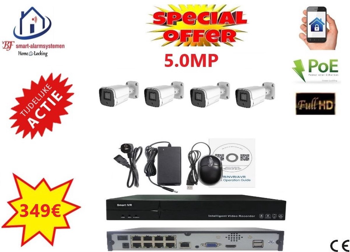 Home-Locking camerasysteem met NVR 5.0MP H265 POE met 4 camera's 5.0MP CS-4-1536