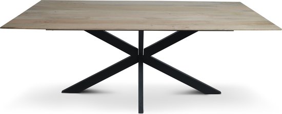 Floor tafel met rechthoekig Mango houten blad van 300 x 110 cm met facetrand aan onderzijde. Bladkleur naturel glad afgewerkt. Onderstel is een spinpoot in de kleur zwart.
