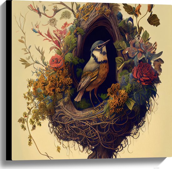 Canvas - Koolmees Vogel in het Nest Versierd met Bloemen - 60x60 cm Foto op Canvas Schilderij (Wanddecoratie op Canvas)