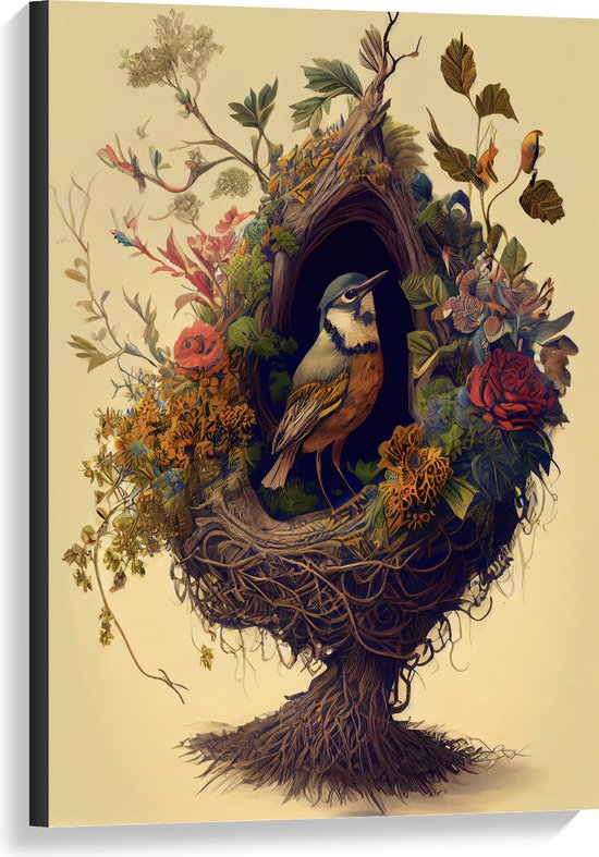 Canvas - Koolmees Vogel in het Nest Versierd met Bloemen - 60x90 cm Foto op Canvas Schilderij (Wanddecoratie op Canvas)