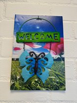 Metalen decoratie tuin hanger "welcome" vlinder - Blauw - hoogte 30 x 20 x1cm - Woonaccessoires - Decoratieve hangers - Tuinaccessoires