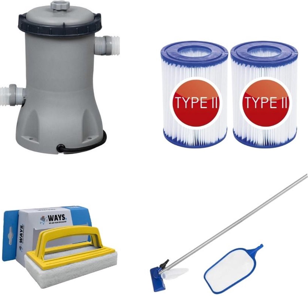 Bol.com Bestway - Zwembadstofzuiger AquaReach & Zandfilterpomp 3028 L/u & Filterbollen 500 g & WAYS Scrubborstel aanbieding