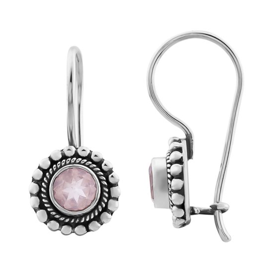 Zilveren oorbellen met hanger dames | Zilveren oorhangers, ronde rozenkwarts steen met rand van bolletjes