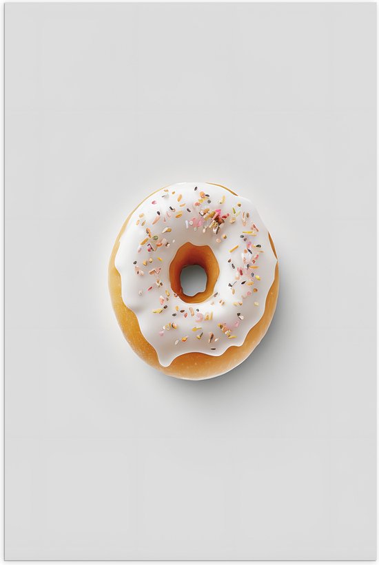Poster Glanzend – Donut met Wit Glazuur en Sprinkels tegen Lichtgekleurde Achtergrond - 50x75 cm Foto op Posterpapier met Glanzende Afwerking