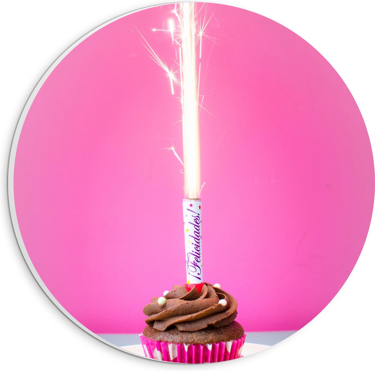 PVC Schuimplaat Muurcirkel - Verjaardagscupcake met Chocolade Topping en Fontein - 20x20 c