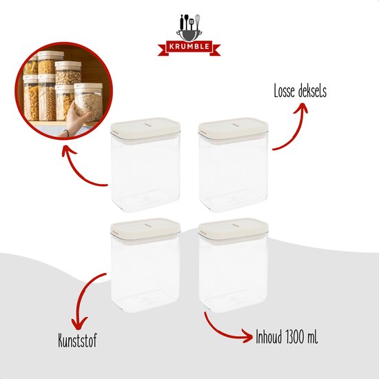 Bocaux de conservation Krumble - Set de 4 - 1300 ml - Conservation des Aliments - Bocaux de Conservation - Couvercle Hermétique - Boîtes de Bidons alimentaires - Boîte Fraîcheur - Passe au Lave-Vaisselle - Plastique - Transparent - Beige
