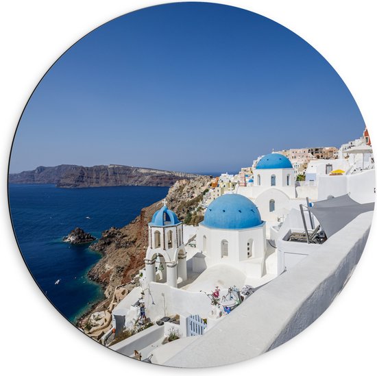 Dibond Muurcirkel - De Kenmerkende Blauwe Daken van Santorini - 60x60 cm Foto op Aluminium Muurcirkel (met ophangsysteem)