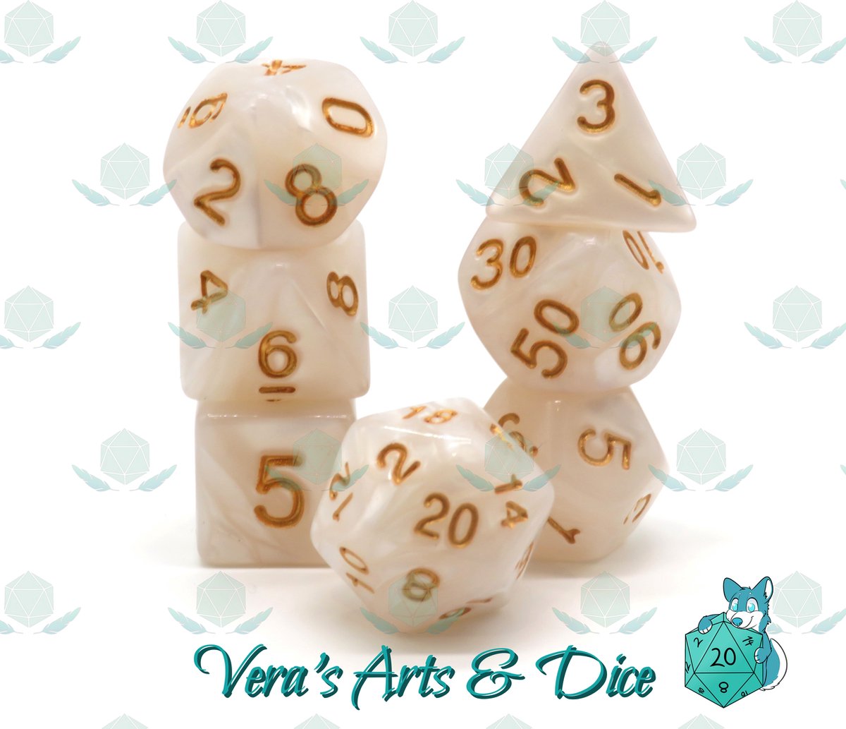 Polyset Dice | Dobbelstenen - Set Van 7 Stuks - Parelmoer Wit en Goud | Polydice | Voor D&D en Andere Rollenspellen | Plastic Dobbelstenen Set voor Dungeons and Dragons | Polyhedral Dice Set | Zwarte Velvet Dice Bag voor Ongeveer 3 Sets