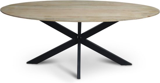 Floor tafel met ovale Mango houten blad van 300 x 110 cm met facetrand aan onderzijde. Bladkleur naturel glad afgewerkt. Onderstel is een spinpoot in de kleur zwart.