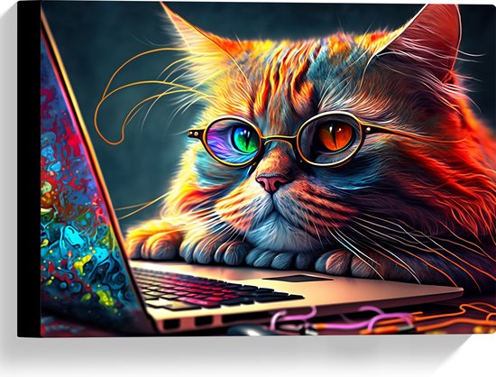 Canvas - Kleurrijke Snuggere Kat met Bril achter Laptop - 40x30 cm Foto op Canvas Schilderij (Wanddecoratie op Canvas)