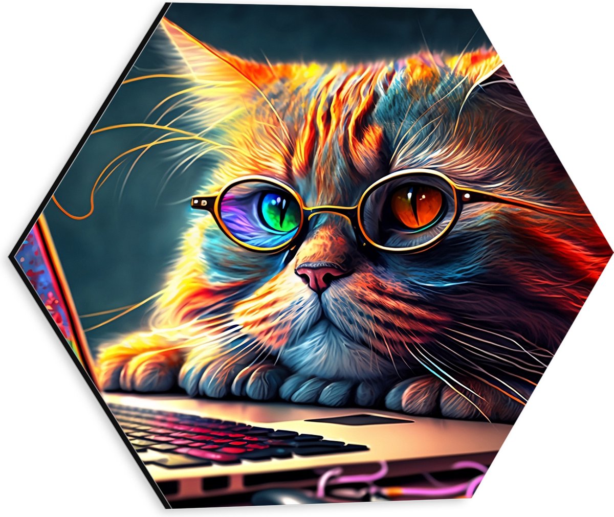 Dibond Hexagon - Kleurrijke Snuggere Kat met Bril achter Laptop - 30x26.1 cm Foto op Hexagon (Met Ophangsysteem)
