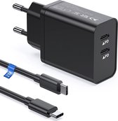 Phreeze Snelle Dubbele USB-C Oplader + 2 Meter Gevlochten Kabel - 35W GaN Technologie - Geschikt voor A54, S24, S23, S22, S21, Tablet A7,A8,A9 Plus (2020,2021,2022,2023,2024) en meer - Zwart