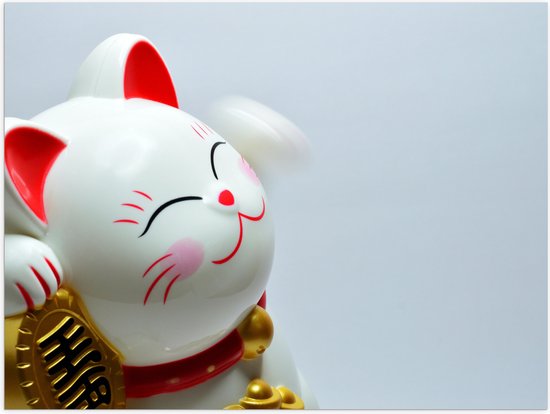 Poster (Mat) - Japans Maneki Neko Kattenbeeldje in het Rood met Wit en Goud - 80x60 cm Foto op Posterpapier met een Matte look