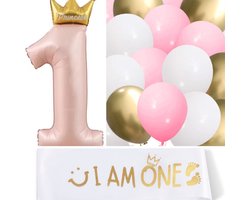 18-delige First Birthday ballonnen met sjerp set roze, goud en wit - ballon - cakesmash - eerste - 1e - verjaardag - sjerp i am one - roze - goud - wit